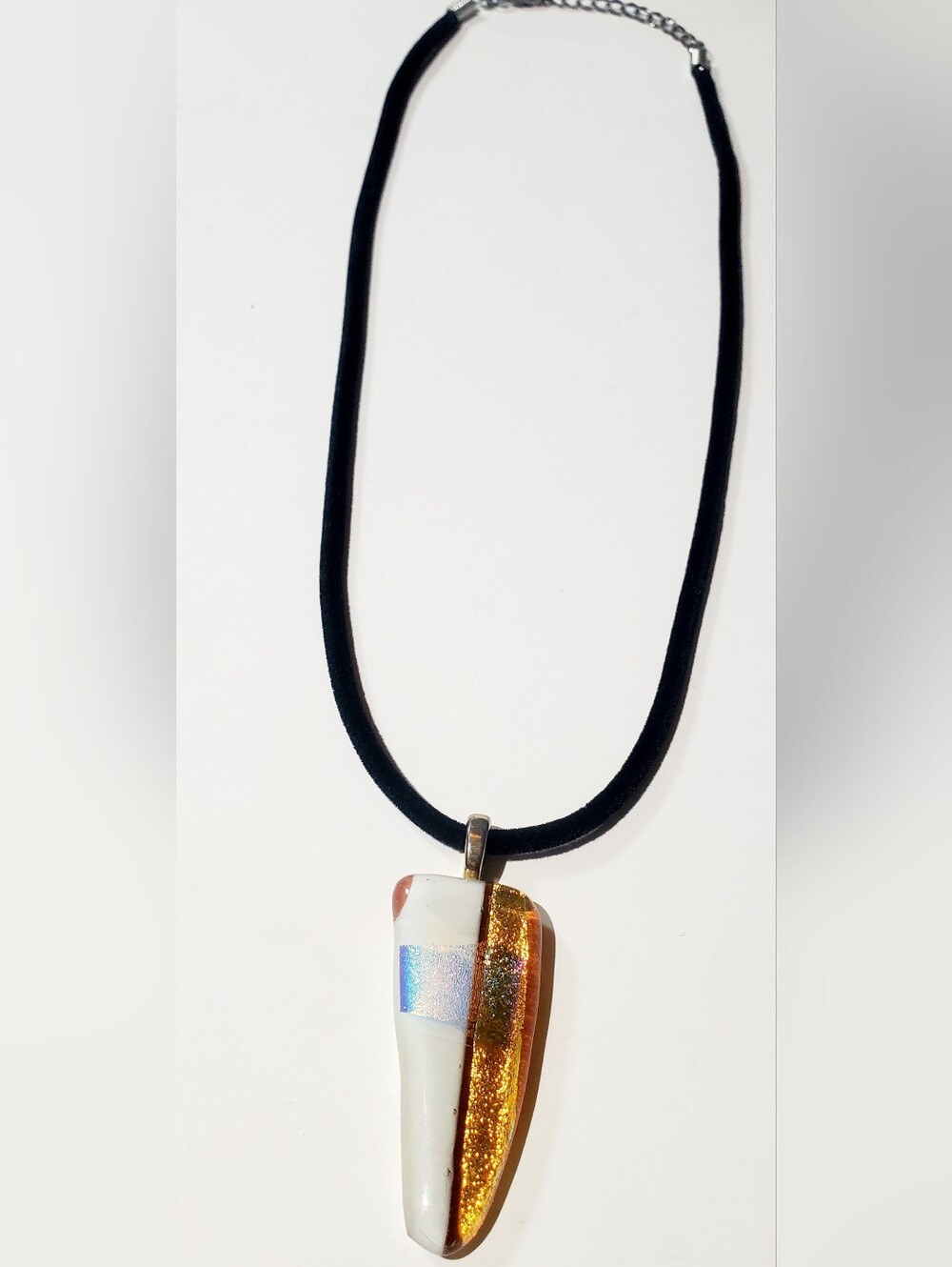 Handmade Dichroic Glass Pendant Necklace in Black with Gold Accents